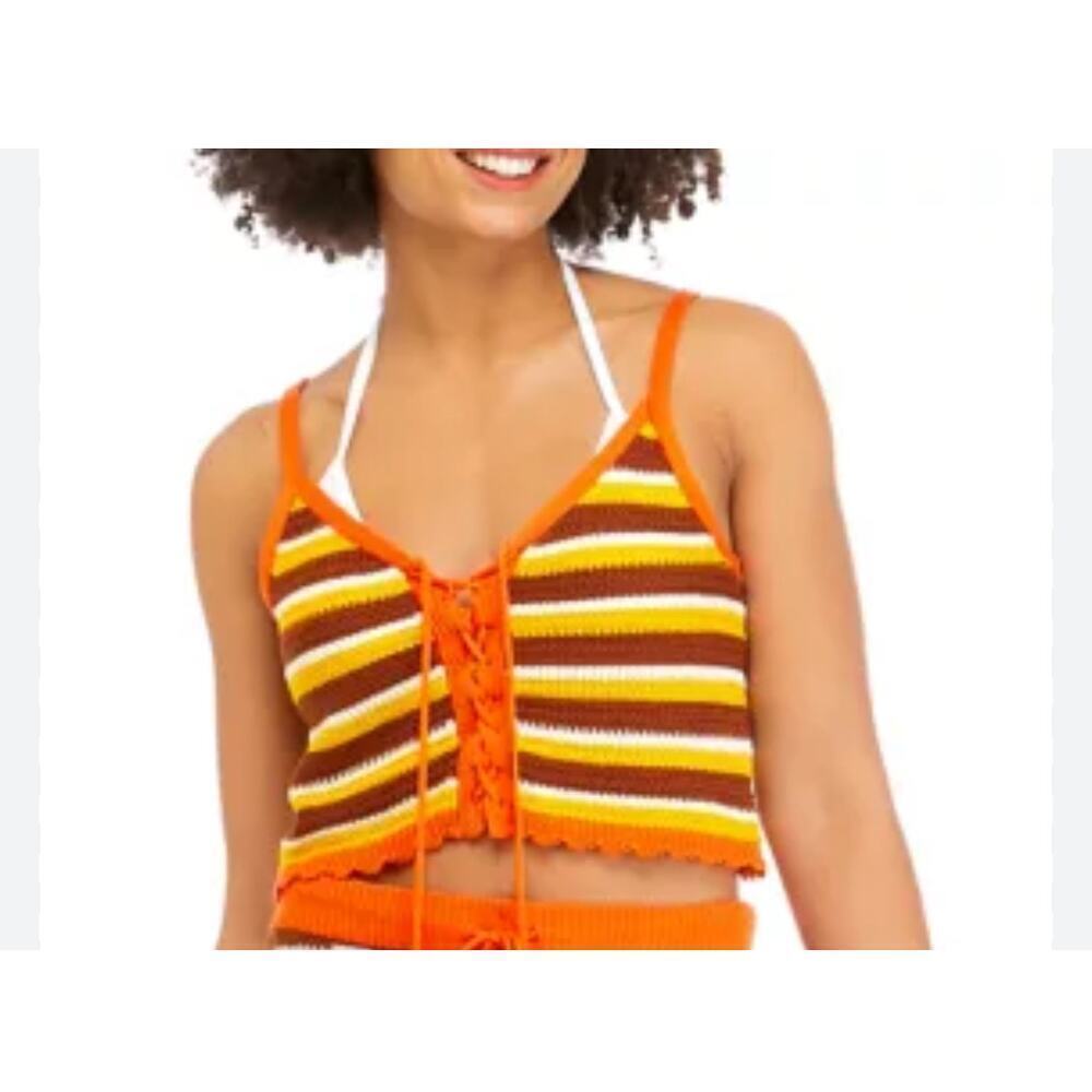 ☀️Almost Famous Striped Sleeveless Crochet Lace Tie Crop Top Orange Womens M